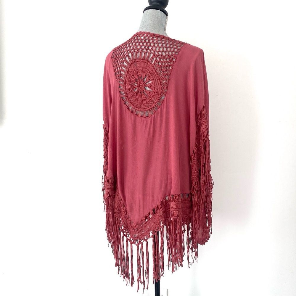 everleigh Fringed Open Front Poncho Dusty Rose Sz S Festival Boho Beach Vacation